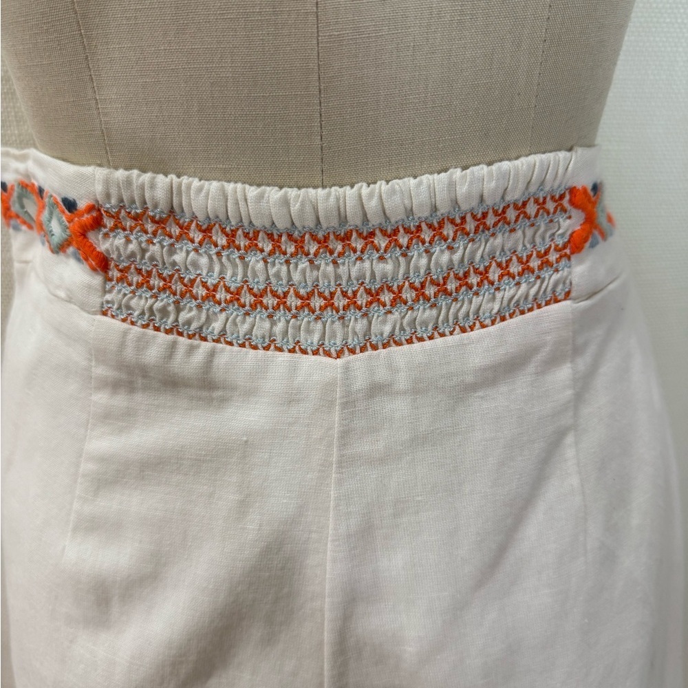 Anthropologie Embroidered Wide Leg Pants Boho Linen White Orange Size 2 - Picture 4 of 9